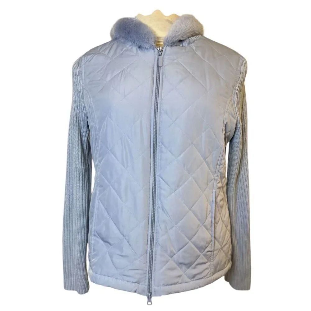 Carolyn Taylor Ice Blue Sweater Quilted Jacket Faux Fur Lined Hood
